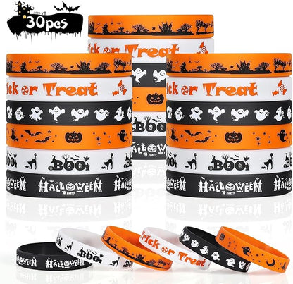 Halloween Rubber Bracelets 30 PCS Bulk Halloween Party Favors Supplies Silicone Wristbands for Halloween Gifts Toys Goodie Bag Fillers Stuff Classroom Prizes for Kids Teens Girls Boys