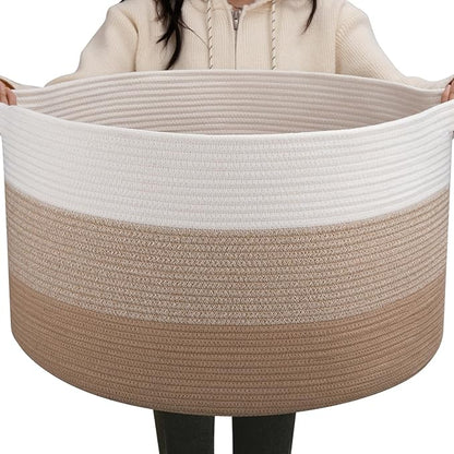 OIAHOMY 90L Blanket Basket for Living Room, Large Basket 23" x 23" x 13" with Handle, Laundry Hamper for Blankets, Pillows, Toy Storage for Kids, Dogs - Gardient Light Brown