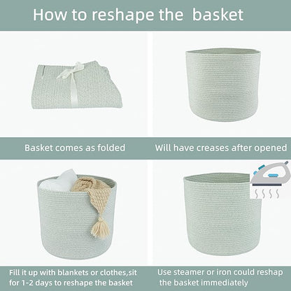 XUANGUO Cotton Rope Baskets For Girls Boys Kids 16”X14” Baby Laundry Basket Nursery Bin Round Woven Basket Organizer For Storage Toys Blankets Shoes Clothes light green