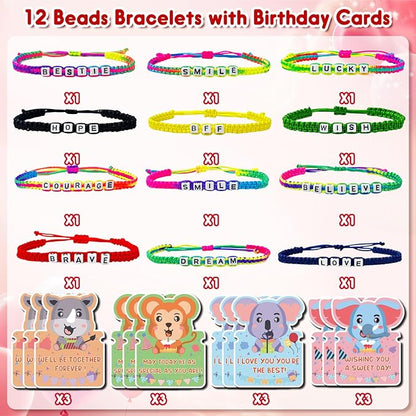 12 Pcs Friendship Beaded Bracelets Bulk with Birthday Cards Letter Inspirational Stretch Bracelets Adjustable Colorful Bracelet Y2K Summer Beach Elastic Bracelets for Women Girls Teens Party Favors