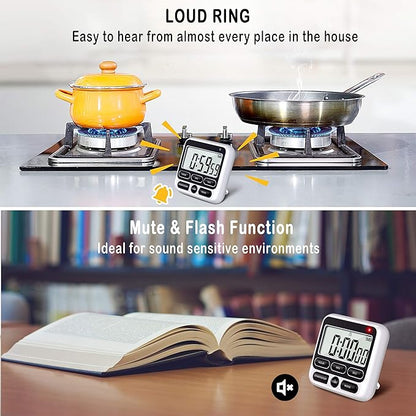 KTKUDY Digital Kitchen Timer with Mute/Loud Alarm Switch ON/Off Switch, 24 Hour Clock & Alarm, Memory Function Count Up & Count Down for Kids Teachers Cooking, Large LCD Display, Strong Magnet (Black)