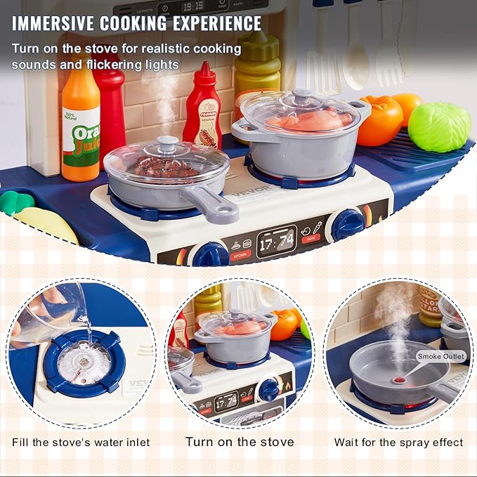 VEVOR Kids Kitchen Playset 48PCS, Pretend Play Kitchen with Cooking Stove with Steam, Sounds and Lights, Play Sink and Play Food, Toy Kitchen Set for Toddlers (Blue) Size 18.5" x 9.4" x 30.7"