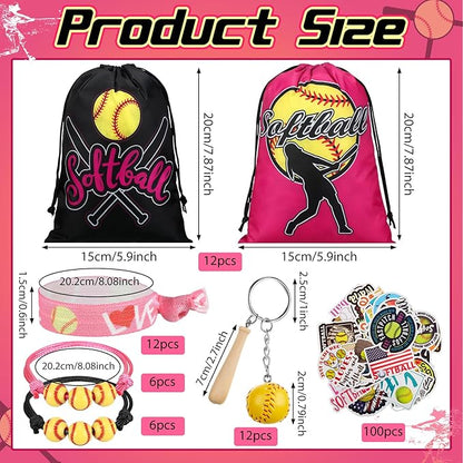 Jenaai 148 Pcs Softball Party Favors Include Softball Drawstring Bags Softball Charm Bracelets Softball Keychain Softball Hair Ties Softball Stickers, Softball Gifts for Women Birthday(Stylish)