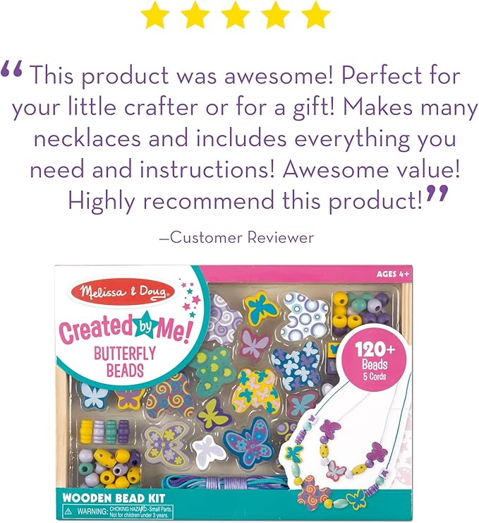 Melissa & Doug Created by Me! Butterfly Beads Wooden Bead Kit, 120+ Beads for Jewelry-Making