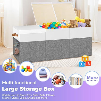 Extra Large Toy Storage Box with Lid, Collapsible Sturdy Toys Chest Storage Organizer Bin Basket with Divider for Kids, Boys, Girls, Closet, Playroom, Bedroom, Nursery, 40"X14"X16", Gray & White