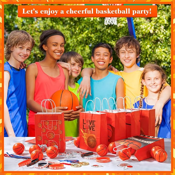 98 Pcs Basketball Party Favors Set for Kid Boy Basketball Team Gift Bulk 12 Basketball Medals 12 Paper Gift Goodie Bag 12 Foam Basketball 50 Stickers 12 Wristband for Classroom Reward Prizes Birthday
