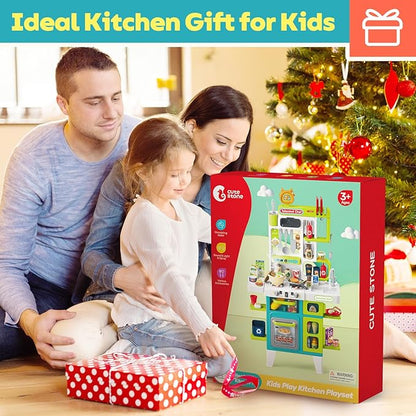 CUTE STONE Kids Kitchen Playset, Play Kitchen for Toddlers, Play Sink with Manual Faucet, Cooking Stove with Steam, Sound and Light, Play Kitchen Accessories, Pretend Toy Kitchen Set for Kids, 40" H
