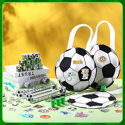 Aoriher 158 Pcs Soccer Party Favors Set Bulk Sport Non Woven Gift Bags Slap Bracelets Mini Bouncy Balls Toy Whistle Keychains Sticker Stampers for Sport Party Supplies(Soccer)