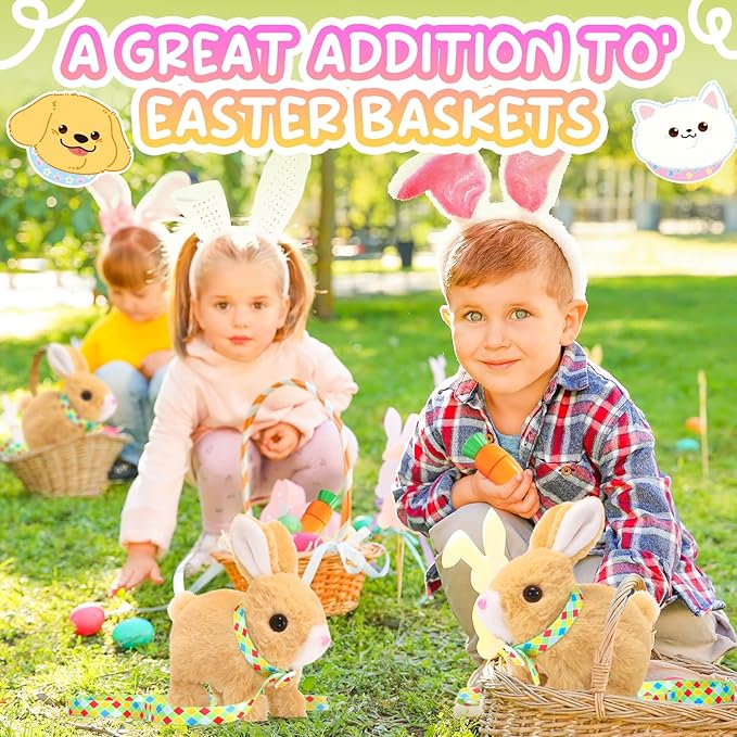 Tagitary Easter Plush Bunny Toys Electronic Bunny Toy with Sounds,Wiggling Ears,Hopping,Twitching Mouth and Nose,Interactive Rabbit Toy for Kids with Leash,Easter Birthday Gift for Toddlers