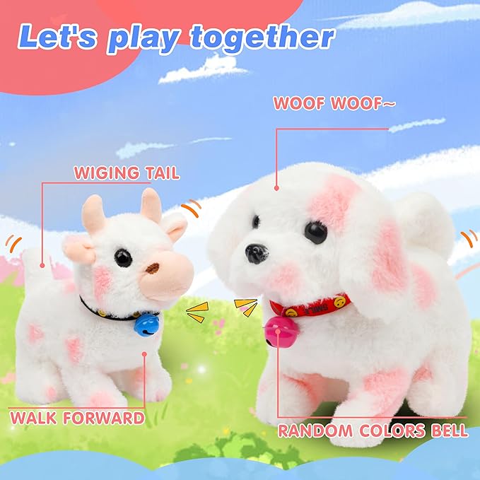 Hopearl Walking Cow Interactive Electronic Pet Plush Diary Cattle Toy with Sounds and Movements MOO Nodding Head Wag Tail Animated Gifts for Toddlers Birthday, Pink, 7''