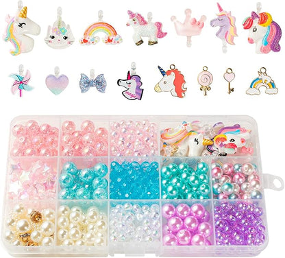 OSNIE Unicorn DIY Bead Jewelry Making Kit for Kids Girls with Unicorn Rainbow Heart Bow-Knot Lollipop Crown Key Charms Beads for Bracelets Rings Necklaces Creativity Beading Kits Art Craft, 400Pcs+
