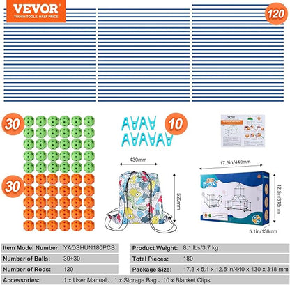 VEVOR Fort Building Kit for Kids, 180PCS STEM Building Toys, Educational Gift for 4 5 6 7 8+ Year Old Boys & Girls, Indoor Outdoor Play Tent Builder Set Construction Toys with 120 Rods and 60 Balls
