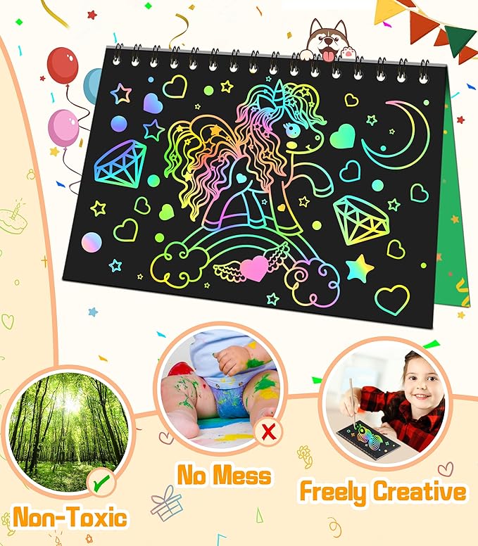 pigipigi Scratch Paper Art 16 Pack - Rainbow Scratch Note Book Magic Coloring Art Craft Paper Supply for Kids Ages 3 4 5 6 7 8 9 10 Drawing Art Book Birthday Party Favor Sets Fun Toy Gift Idea