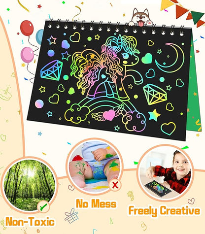 pigipigi Scratch Paper Art 16 Pack - Rainbow Scratch Note Book Magic Coloring Art Craft Paper Supply for Kids Ages 3 4 5 6 7 8 9 10 Drawing Art Book Birthday Party Favor Sets Fun Toy Gift Idea