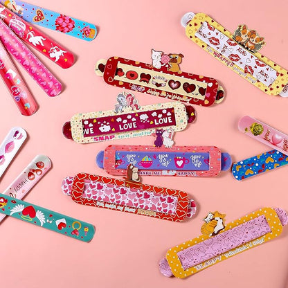 Valentines Day Gifts for Kids,24Packs Valentines Cards with Slap Bracelets Bulk,Cute Valentines Bracelet for Classroom Prizes,School Exchange Gifts Party Favors,Goodie Bags Stuffers