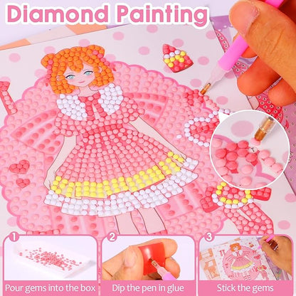 Princess Dress Up Game Set, 7 in 1 Activity Book for Kids, Foil Art & Diamond Painting, Art Craft Kit Gift for Kids Ages 4 5 6 7 8 9+ Year Old