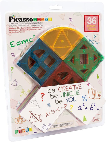 PicassoTiles Magnetic Building Block Quarter Round and Window Set Magnet Construction Toy Educational Kit Engineering STEM Learning Playset Child Brain Development Stacking Blocks Playboards