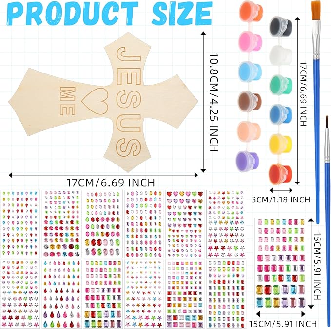 PullCrease Easter DIY Wood Cross Crafts for Kids Religious Craft Kit Sunday School Vacation Bible School Supplies 24 Pack Wooden Cross with Stickers 1 Set Paint(Stylish Style)