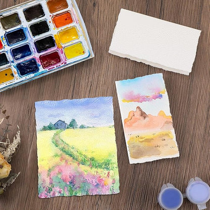 25 Sheets Watercolor Paper 3.5 x 2, 300 GSM Deckled Edge Paper Rough/Textured Handmade Paper for Watercolors, Wedding Invitations, Cards, Crafts