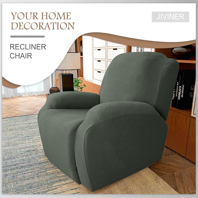 JIVINER 4-Piece Recliner Chair Covers Stretch Jacquard Covers for Recliner Chair Recliner Slipcovers for Living Room Soft Recliner Protector with Pocket (Recliner, Army Green)