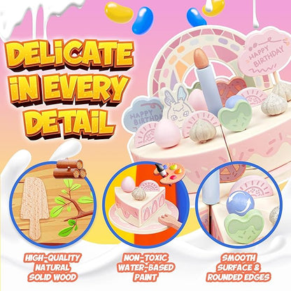 Birthday Cake Toy - Wooden Play Food Fake Birthday Cake Cutting Toys for 3 4 5 Year Old Girl Birthday Gift - Pretend Play Food with Candles&Plates,Tea Party Toys for Kids Age 3+ (28pcs)