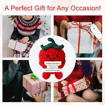 Cute Positive Strawberry, Crochet Strawberry Emotional Doll Support Fruit Knitted for Empowering Gift Home Office Decoration (Red)