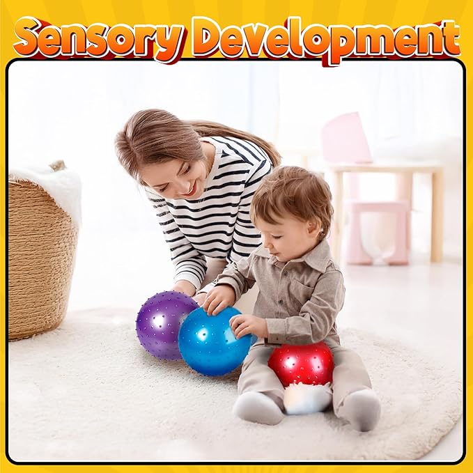 Bedwina Mini Knobby Balls - Bulk 5 Inch Sensory Balls and Spiky Massage Stress Balls with Pump, Fun Bouncy Ball Party Favors