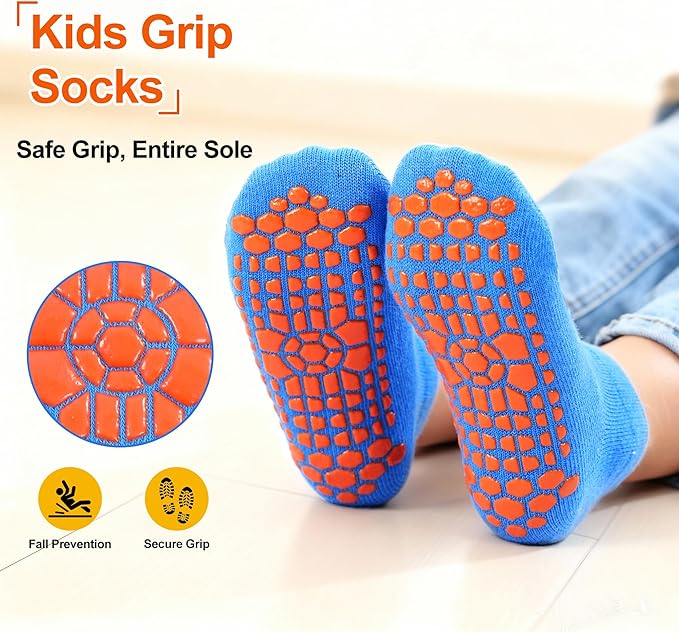 GRPSKCOS Boys Grip Socks 6 Pairs Kids Grip Socks Trampoline Sock Anti-Skid Ankle Sticky Sock for 2-13 Years Boys Girls