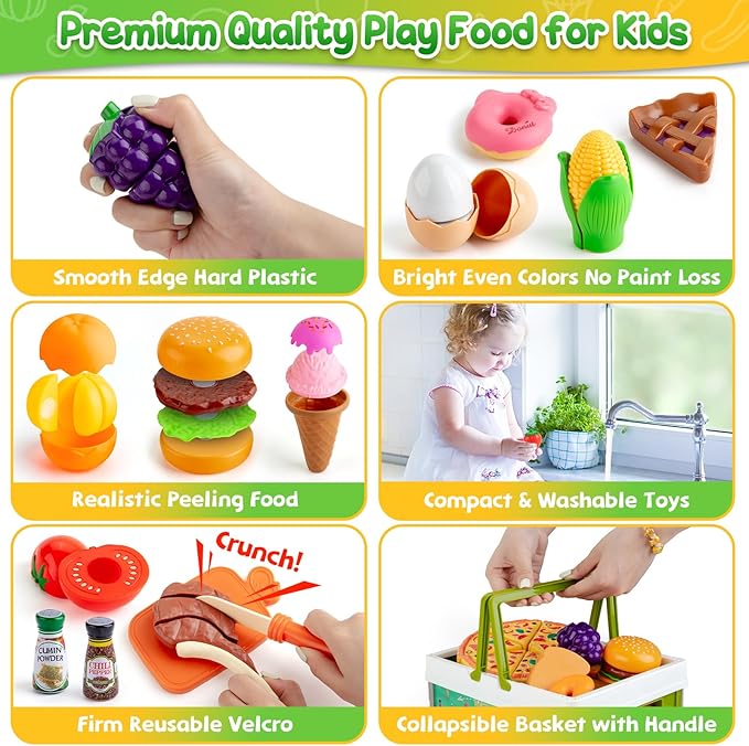 78Pc Pretend Play Food for Kids Kitchen, Cutting Toy Food with Storage Basket, Play Kitchen Accessories, Food Toys with Veggies, Fruits, Fake Food with Pizza Toy, Pretend Food, Boys Girls Gift