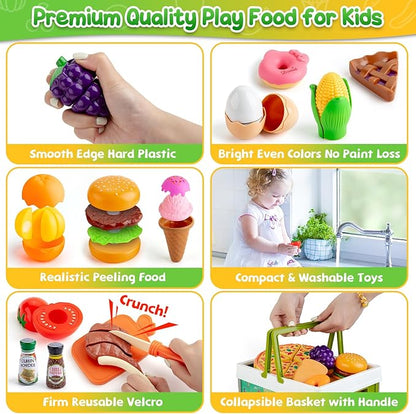 78Pc Pretend Play Food for Kids Kitchen, Cutting Toy Food with Storage Basket, Play Kitchen Accessories, Food Toys with Veggies, Fruits, Fake Food with Pizza Toy, Pretend Food, Boys Girls Gift