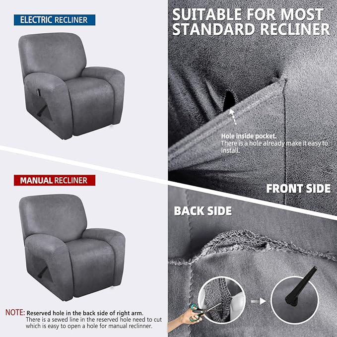 molasofa Recliner Chair Covers - 4 Pieces Leather Like Large Recliner Chair Covers with Pocket Waterproof Non Slip Stretch Recliner Slipcover for Lazy Boy Recliner Chair Washable (Light Grey)