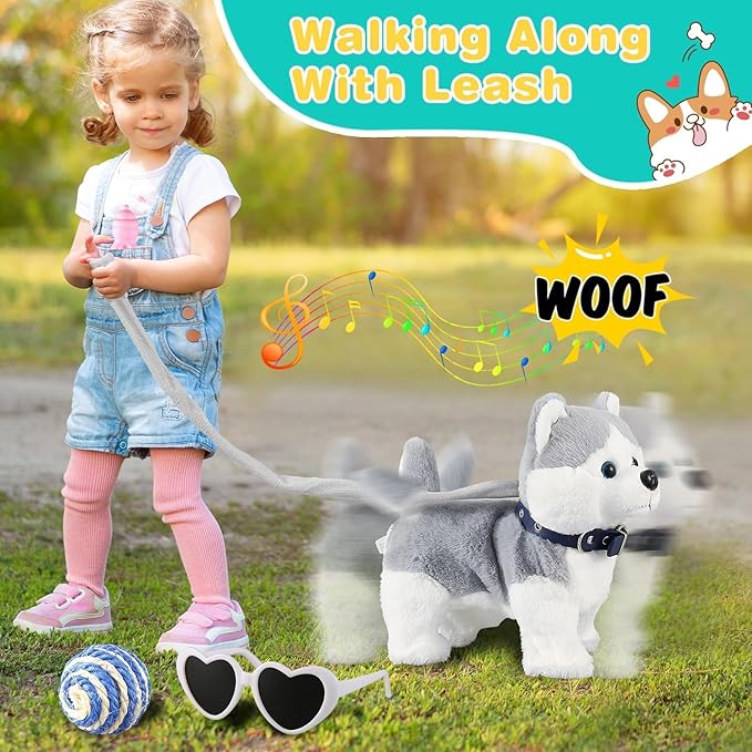 Marsjoy Husky Walking Dog Toy for Girls Barking Puppy with Control Leash, Realistic Wagging Tail Robot Interactive Musical Dancing Animated Plush Stuffed Animal Electronic Pet for Kids Toddlers