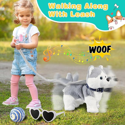 Marsjoy Husky Walking Dog Toy for Girls Barking Puppy with Control Leash, Realistic Wagging Tail Robot Interactive Musical Dancing Animated Plush Stuffed Animal Electronic Pet for Kids Toddlers