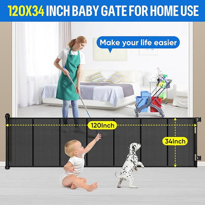 34X120” Extra Wide Safety Retractable Baby Gate, Extra Wide Safety Kids or Pets Gate, 34” Tall, Extends to 120” Extra Wide, Built-in Reinforce Strip Mesh Safety Dog Gate for Stairs (34”X120”, Black)
