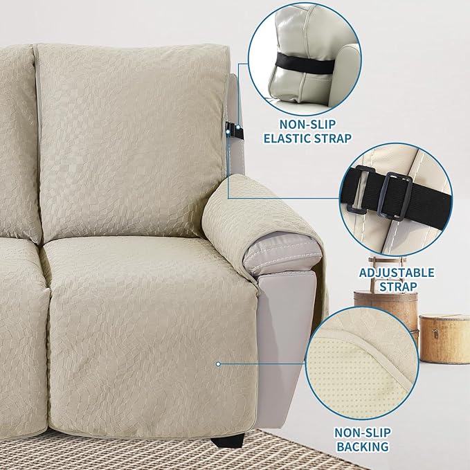 SYSLOON Water Resistant Loveseat Recliner Chair Cover 2 Piceces,Heavy Duty Non Slip Recliner Chair Cover, Washable Recliner Chair Cover, Living Room Recliner Cover with Pocket for Kids,Pets,Beige