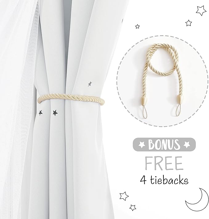 NICETOWN 84 inch Length Star and Moon Hollow-Out Window Curtains for Christams Gift/Kids Room, White Voile Overlay with Blackout Curtains for Nursery (Greyish White, 52" W per Panel, 2 Panels)