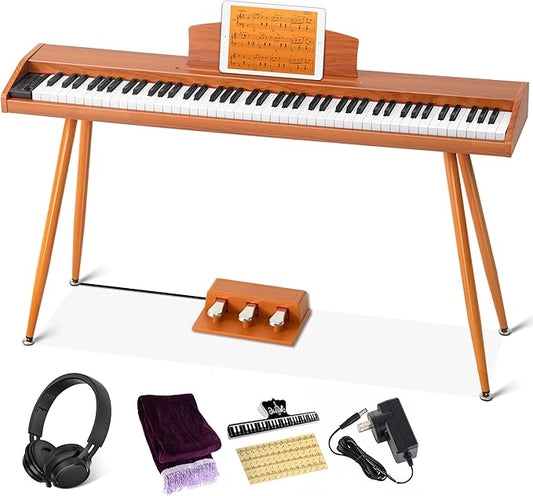 UISCOM Digital Piano Keyboard 88 Key Semi-Weighted for Beginners,Full Size Electric Piano with Stand,Triple Pedal,Adapter,Sheet Music Stand,Headphone,USB-MIDI Compatible,Wood Brown