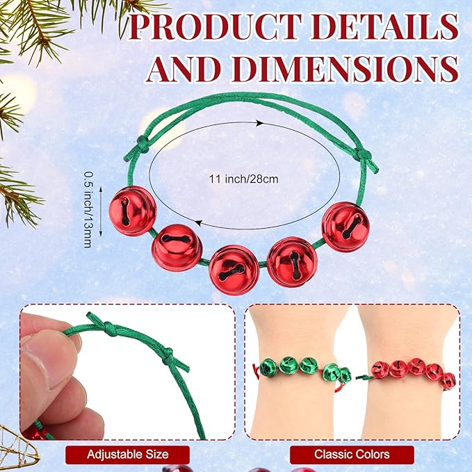 Liliful 40 Pcs Christmas Bell Bracelets Bulk Red and Green Holiday Adjustable Bracelets for Kids Adults Stocking Stuffers Goodie Bag Fillers Xmas Party