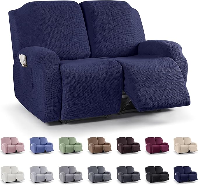 KinCam Recliner Covers, Stretch Reclining Chair Covers, Recliner Sofa Slipcovers Stripe Jacquard Recliner Couch Covers Furniture Protector Covers for Pet Kid (2 Seater, Dark Blue)
