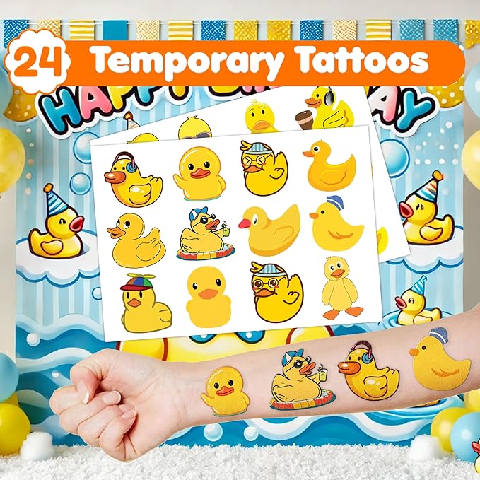 48PCS Duck Party Favors - 24PCS Temporary Tattoos & 24PCS Slap Bracelets - Cute Birthday Party Supplies, Decorations, Baby Shower Gifts, Classroom Prizes, and Rewards for Boys & Girls
