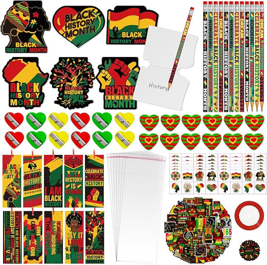 218 PCS Black History Month Party Favors Happy Juneteenth Party Classrooms Exchange Stationery Giveaways Sets Class Reward Prizes Pencils Erasers Stickers for African American Party Supplies (BHM)