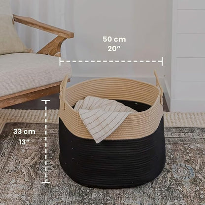 OrganiHaus Large Woven Storage Basket for Blankets and Toys 20" x 13" Inch, Rope Laundry Basket with Handles, Cushions & Pillows Storage Bin, Nursery Hamper, Soft Round Dog Toy Bin - Black/Honey
