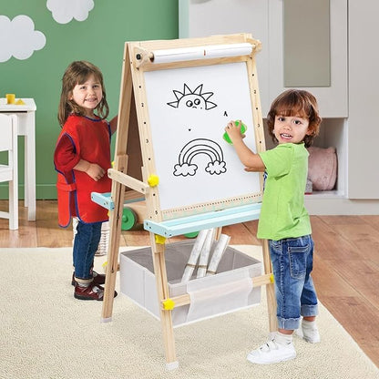 Kids Easel with Paper Roll Wooden Art Easel Height Adjustable Standing Easel with Bead Numbers Alphabet Animal Accessories Double-Sided Whiteboard & Chalkboard for Boys Girls 3 4 5 6 7 8
