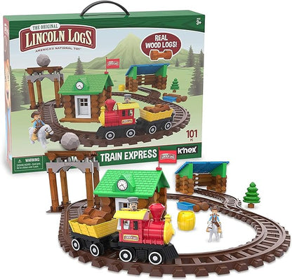 LINCOLN LOGS-Sawmill Express Train - 101 Parts - Real Wood Logs - Buildable Train Track-Ages 3+ - Best Retro Building Gift Set for Boys/Girls-Creative Construction Engineering-Preschool Education Toy