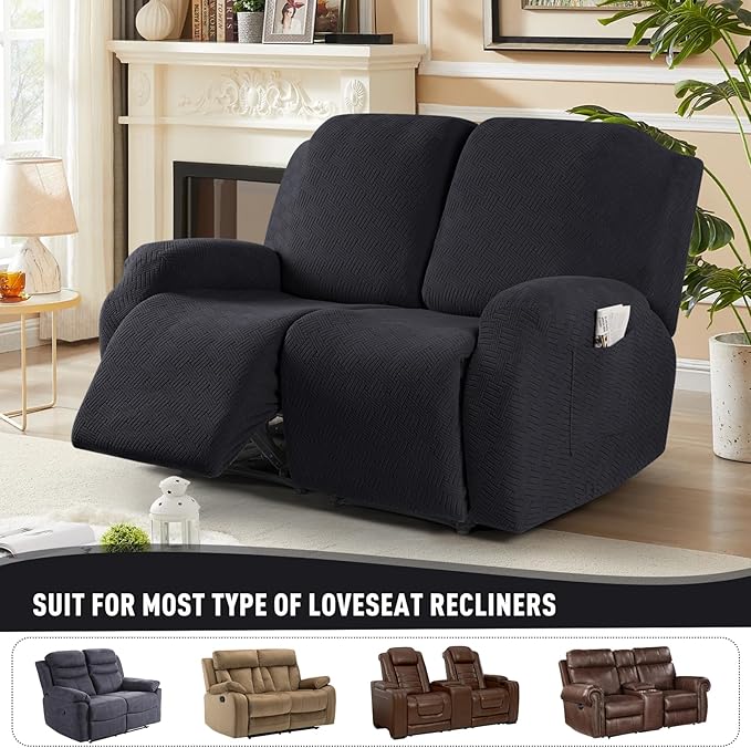 KinCam Recliner Covers, Stretch Reclining Chair Covers, Recliner Sofa Slipcovers Stripe Jacquard Recliner Couch Covers Furniture Protector Covers for Pet Kid (2XL Seater, Black)