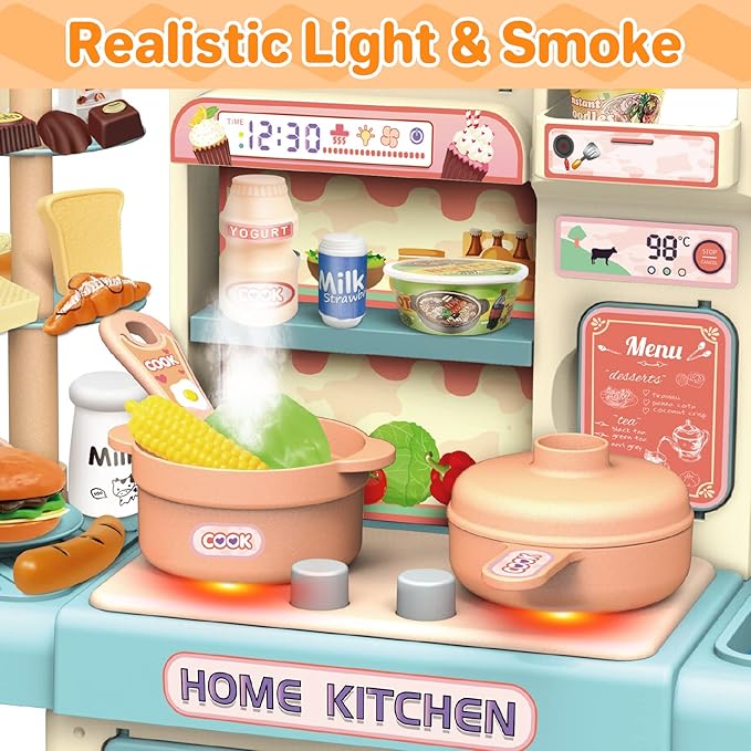 deAO Mini Kitchen Playset Toy,33 PCS Play Kitchen with Realistic Steam and Lights, Role Playing Game Pretend Food and Cooking Playset, Mini Kitchen Accessories Set for 3 4 Girls Boys