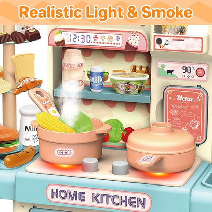 deAO Mini Kitchen Playset Toy,33 PCS Play Kitchen with Realistic Steam and Lights, Role Playing Game Pretend Food and Cooking Playset, Mini Kitchen Accessories Set for 3 4 Girls Boys