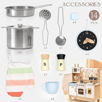 PairPear Play Kitchen for Kids, Wooden Toy Kitchen Set with Coffee Maker Ice Maker & Play Kitchen Accessories, Pretend Play Toddler Kitchen Toys Gift for Girls Boys 3+