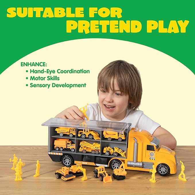 JOYIN 25-in-1 Construction Truck Toy Set with 12 Vehicles & 12 Worker Figures, Push and Go Toy Trucks with Sound and Light, Construction Toys Easter Basket Birthday Gifts for Kids 3 4 5 6 7 Years Old