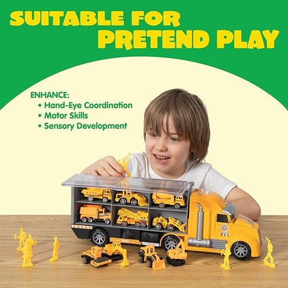 JOYIN 25-in-1 Construction Truck Toy Set with 12 Vehicles & 12 Worker Figures, Push and Go Toy Trucks with Sound and Light, Construction Toys Easter Basket Birthday Gifts for Kids 3 4 5 6 7 Years Old